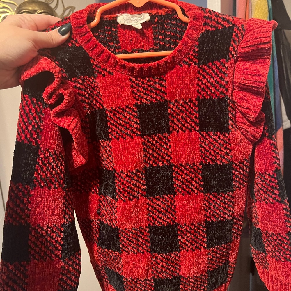 Girls size 5/6 Red and Black Checkered Sweater with Ruffles